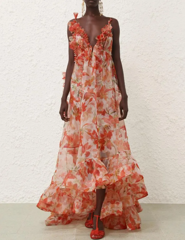 Women Clothing Zimmermann Tranquillity Floral Strap Gown Red Lily