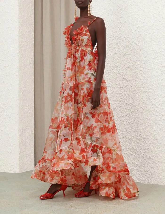 Women Clothing Zimmermann Tranquillity Floral Strap Gown Red Lily