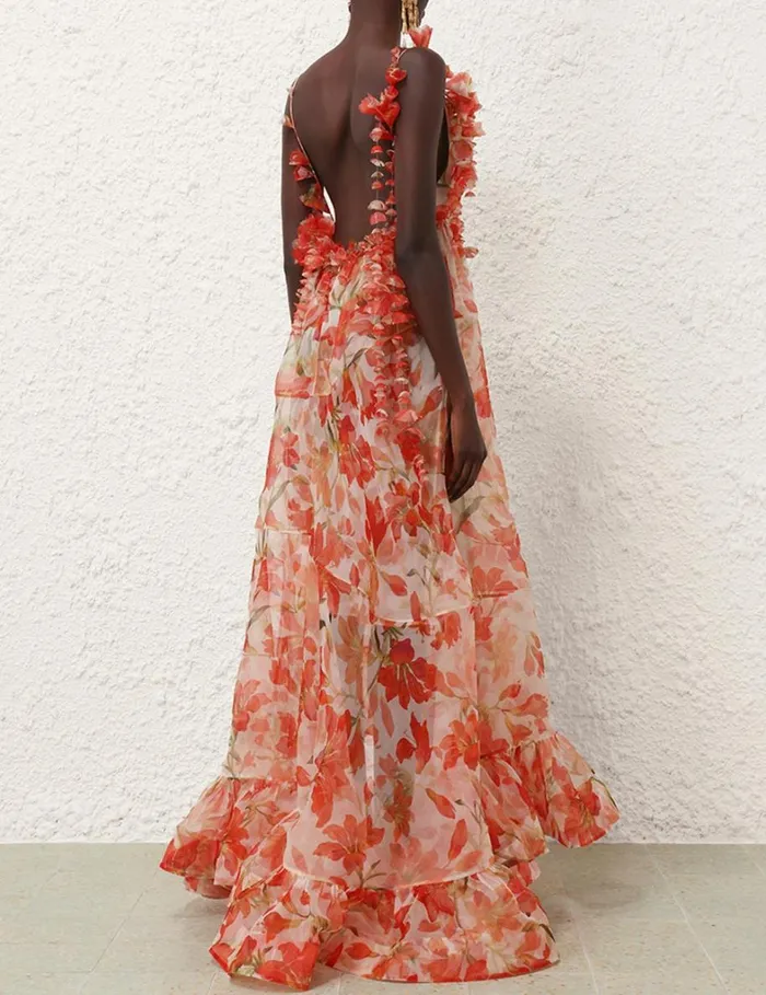 Women Clothing Zimmermann Tranquillity Floral Strap Gown Red Lily