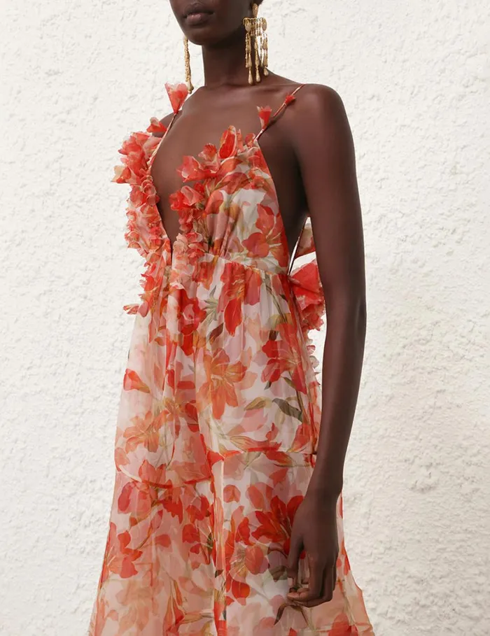 Women Clothing Zimmermann Tranquillity Floral Strap Gown Red Lily
