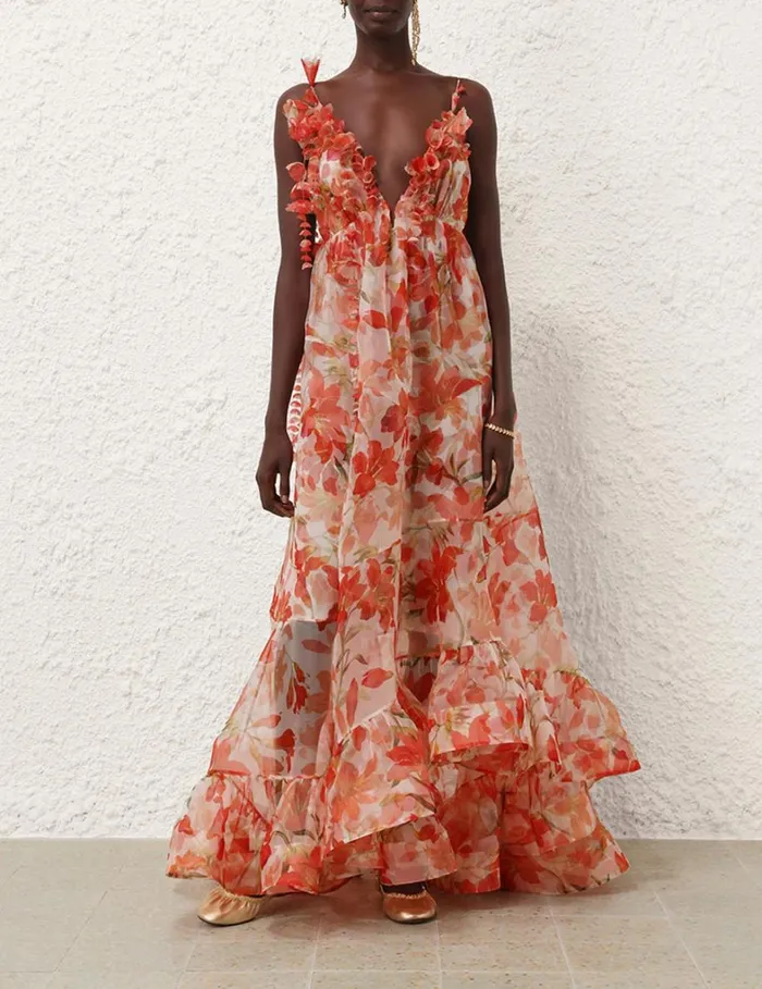 Women Clothing Zimmermann Tranquillity Floral Strap Gown Red Lily