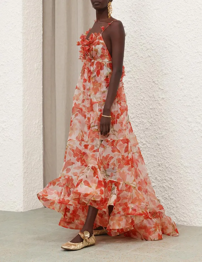 Women Clothing Zimmermann Tranquillity Floral Strap Gown Red Lily