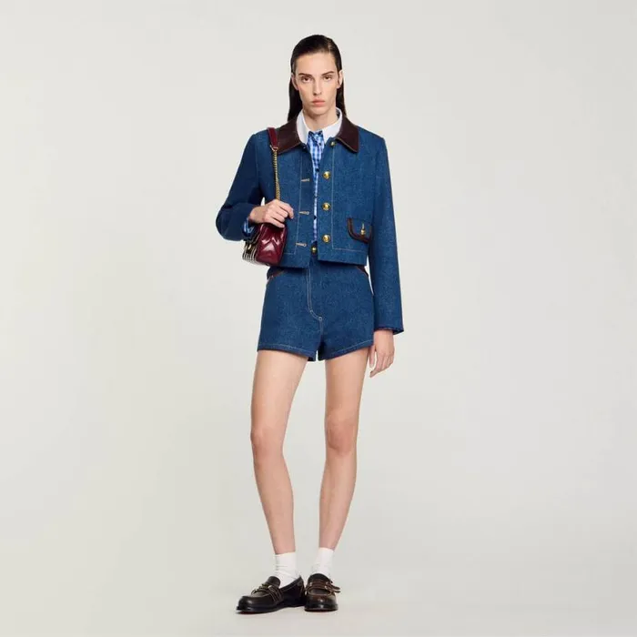 Women Jackets and Blazers SANDRO Denim Jacket With Leather Collar Blue
