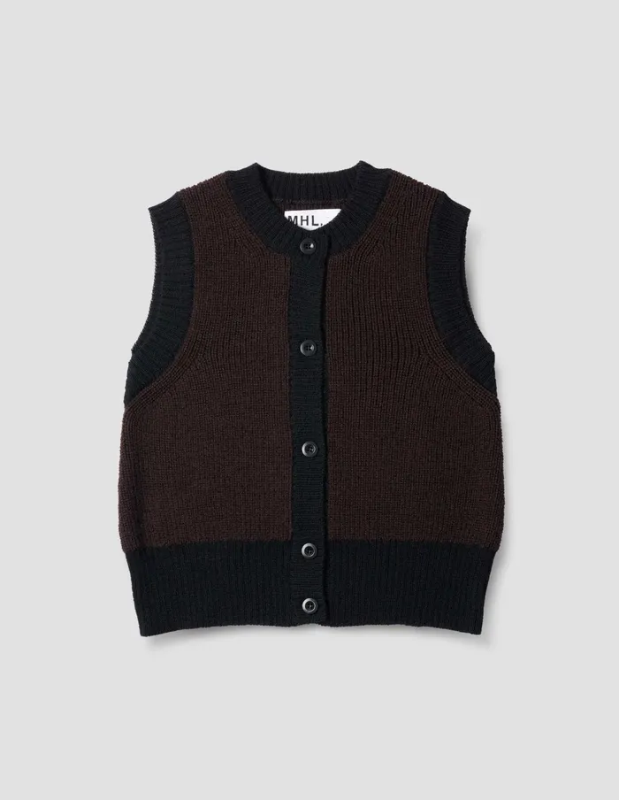 Women Mhl Contrast Trim Waistcoat Chocolate Black Margaret Howell Knitwear