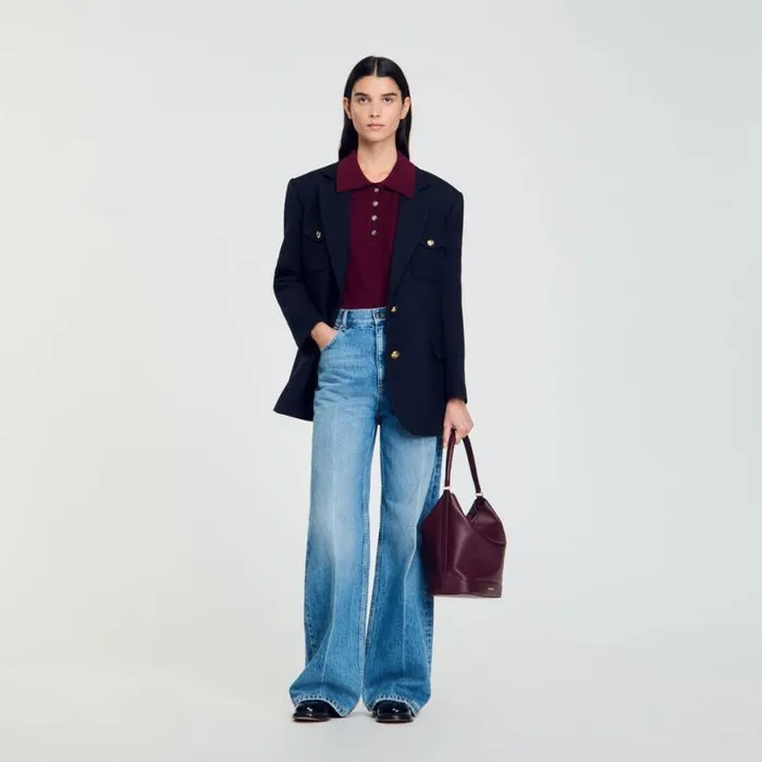 Women Sweaters and Cardigans SANDRO Cable Knit PoloNeck Sweater Burgundy