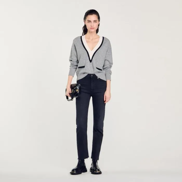 Women Sweaters and Cardigans SANDRO Sweater With Contrasting Deep Vneck Mocked Grey