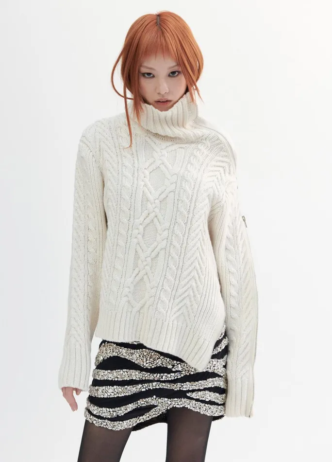 Women Turtleneck Zipper Detail Cable Sweater MONSE Knitwear